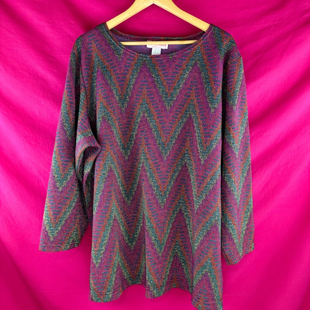 Metallic Vintage 80s 90s Chevron Knit Tunic Top Pink Sparkle 3X Holiday Glam - Picture 17 of 17